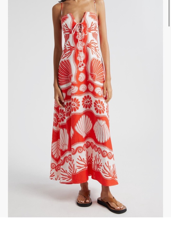 FARM Rio Dresses & Skirts - FARM Rio Red White Shell Print Linen Blend Maxi Dress Size Small